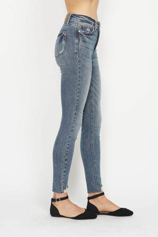 Judy Blue Full Size Tummy Control Vintage Wash Hem Destroy Skinny Jeans - Just Believe Boutique