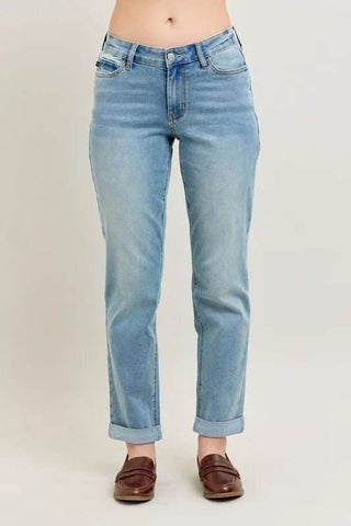 Judy Blue Full Size V-Front Cuff Boyfriend Jeans Plus Size - Just Believe Boutique