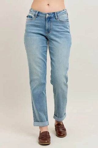 Judy Blue Full Size V-Front Cuff Boyfriend Jeans Plus Size - Just Believe Boutique