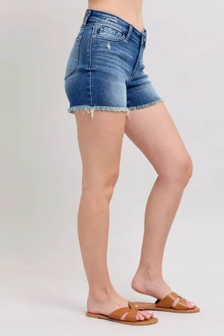 Judy Blue Full Size V - Front Denim Shorts with Shield Pockets Plus Size - Just Believe Boutique