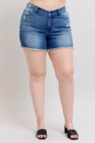 Judy Blue Full Size V - Front Denim Shorts with Shield Pockets Plus Size - Just Believe Boutique