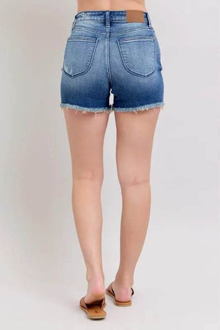 Judy Blue Full Size V - Front Denim Shorts with Shield Pockets Plus Size - Just Believe Boutique