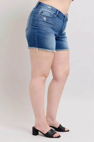 Judy Blue Full Size V - Front Denim Shorts with Shield Pockets Plus Size - Just Believe Boutique