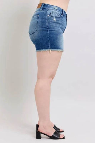 Judy Blue Full Size V - Front Denim Shorts with Shield Pockets Plus Size - Just Believe Boutique
