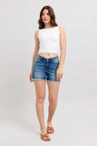 Judy Blue Full Size V - Front Denim Shorts with Shield Pockets Plus Size - Just Believe Boutique