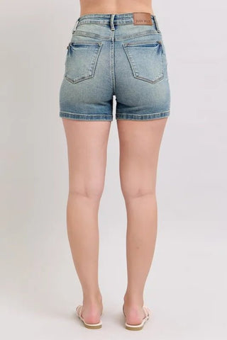 Judy Blue Full Size V - Front Vintage Wash Shorts Plus Size - Just Believe Boutique