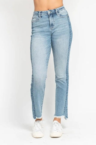 Judy Blue Full Size Vintage Wash Side Panel Detail with Fray Hem Slim Plus Size - Just Believe Boutique