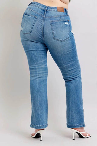Back view of plus-size Judy Blue Boot Jeans featuring high waist and light distressing for a modern vintage look.