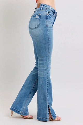 Angled back view of Judy Blue Vintage Wash Boot Jeans highlighting side slit and flattering high-waisted silhouette.