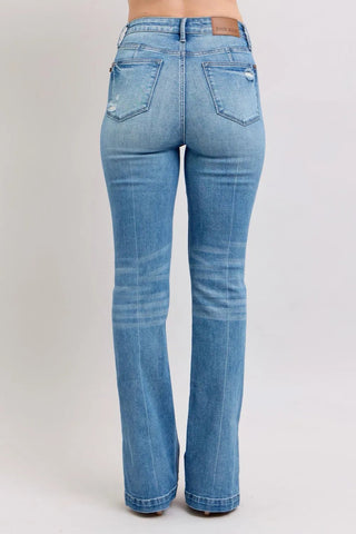 Back view of Vintage Wash Tummy Control Boot Jeans by Judy Blue featuring classic pockets and subtle distressing for a modern touch.