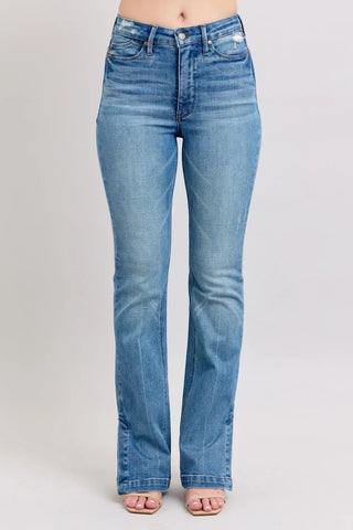 Front view of Judy Blue HW Tummy Control Vintage Wash Boot Jeans with high waist and slim bootcut fit, perfect for flattering curves.