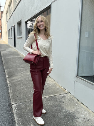 High Waist Tummy Control Faux Leather Straight Leg Pants Judy Blue – Red – model photo