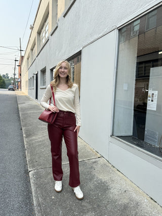 High Waist Tummy Control Faux Leather Straight Leg Pants Judy Blue – Red – model photo