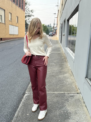 High Waist Tummy Control Faux Leather Straight Leg Pants Judy Blue – Red – model photo