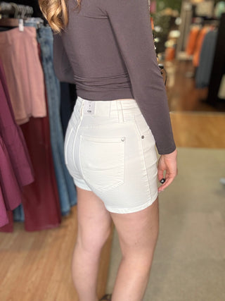 Judy Blue High Waist Slim Denim Shorts in White, model photo, second view