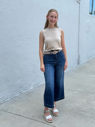 High Waist Tummy Control Claudia Ankle Wide Leg Jeans – Deep Indigo Judy Blue – Dark Wash – model photo