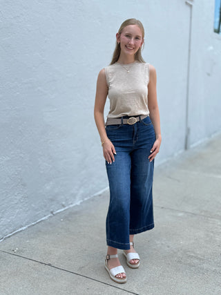 High Waist Tummy Control Claudia Ankle Wide Leg Jeans – Deep Indigo Judy Blue – Dark Wash – model photo