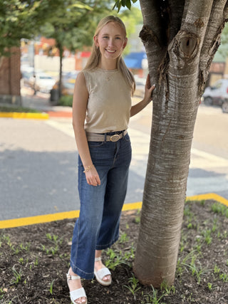 High Waist Tummy Control Claudia Ankle Wide Leg Jeans – Deep Indigo Judy Blue – Dark Wash – model photo