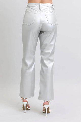JUDY BLUE METALLIC SILVER FAUX LEATHER - Just Believe Boutique