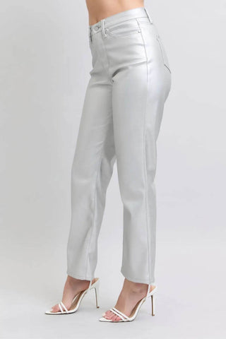 JUDY BLUE METALLIC SILVER FAUX LEATHER - Just Believe Boutique