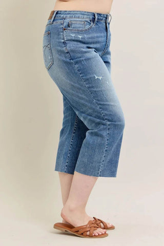 Judy Blue Plus Size High Waist Back Destroy & Raw Cut Hem Crop Wide - Just Believe Boutique