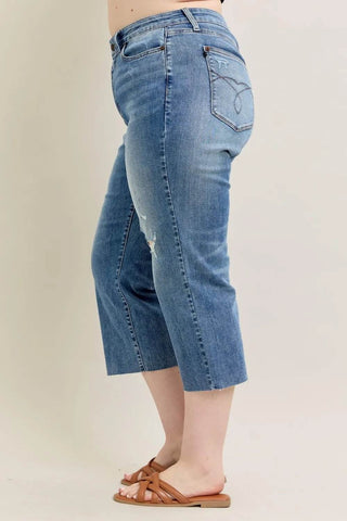 Judy Blue Plus Size High Waist Back Destroy & Raw Cut Hem Crop Wide - Just Believe Boutique