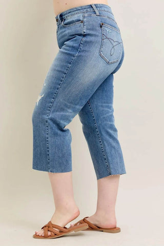 Judy Blue Plus Size High Waist Back Destroy & Raw Cut Hem Crop Wide - Just Believe Boutique