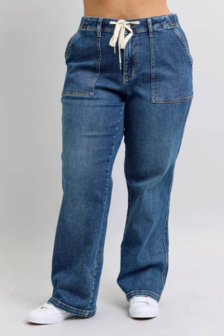 Judy Blue Plus Size High Waist Drawstring Wide Leg Jeans - Just Believe Boutique