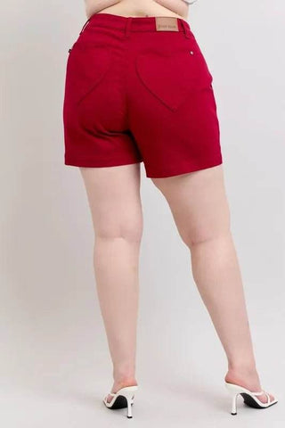 Judy Blue Plus Size High Waist Tummy Control Garment Dyed Heart Shaped Denim Shorts - Just Believe Boutique