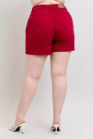 Judy Blue Plus Size High Waist Tummy Control Garment Dyed Heart Shaped Denim Shorts - Just Believe Boutique
