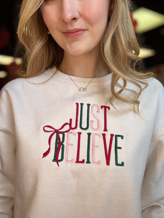 Just Believe Embroidered Sweatshirt – Cream – model photo