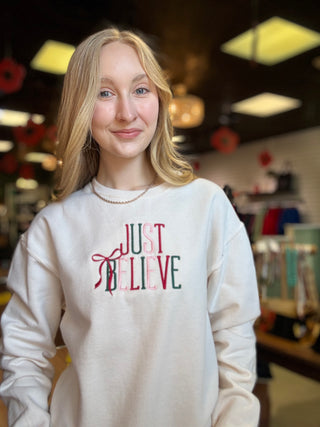 Just Believe Embroidered Sweatshirt – Cream – model photo
