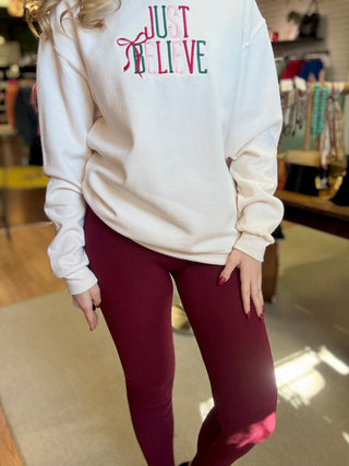 Just Believe Embroidered Sweatshirt – Cream – model photo