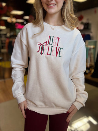 Just Believe Embroidered Sweatshirt – Cream – model photo