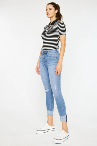 Kancan Distressed Cat's Whiskers Button Fly Jeans - Just Believe Boutique