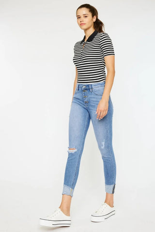 Kancan Distressed Cat's Whiskers Button Fly Jeans - Just Believe Boutique
