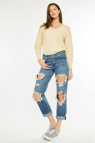 Kancan Distressed Mid Rise True Boyfriend Jeans - Just Believe Boutique