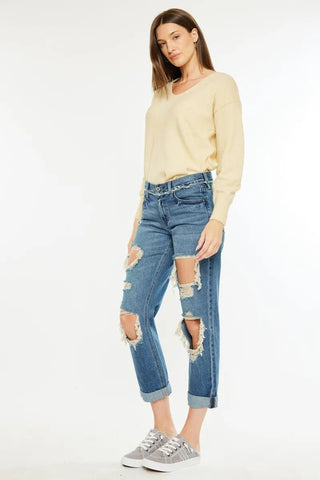 Kancan Distressed Mid Rise True Boyfriend Jeans - Just Believe Boutique