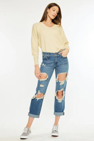 Kancan Distressed Mid Rise True Boyfriend Jeans - Just Believe Boutique