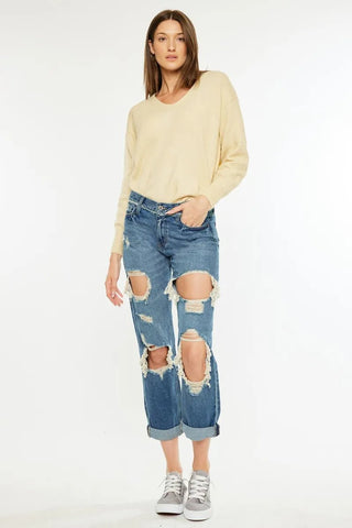 Kancan Distressed Mid Rise True Boyfriend Jeans - Just Believe Boutique