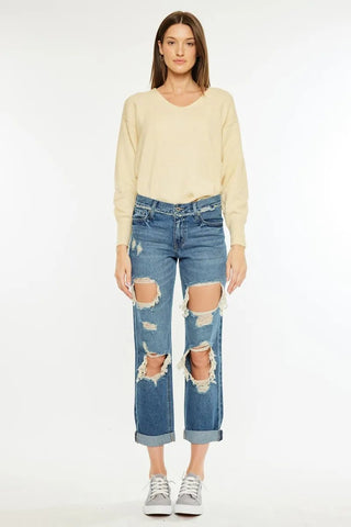 Kancan Distressed Mid Rise True Boyfriend Jeans - Just Believe Boutique