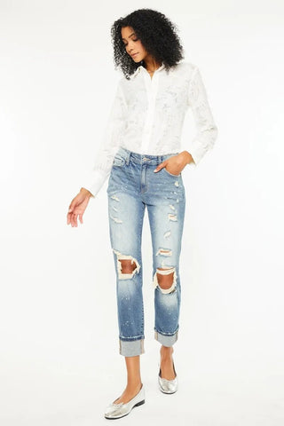 Kancan High Rise Distressed Boyfriend Fit Jeans - Just Believe Boutique