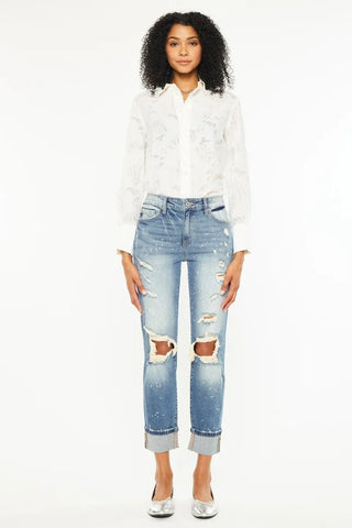 Kancan High Rise Distressed Boyfriend Fit Jeans - Just Believe Boutique