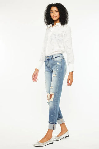 Kancan High Rise Distressed Boyfriend Fit Jeans - Just Believe Boutique