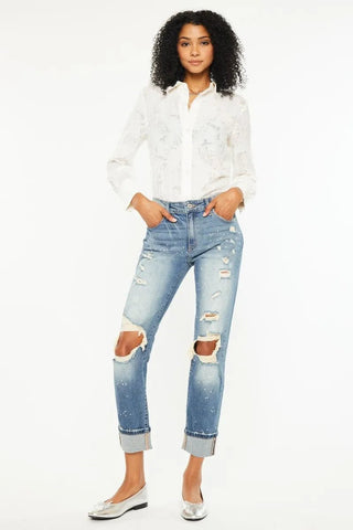 Kancan High Rise Distressed Boyfriend Fit Jeans - Just Believe Boutique