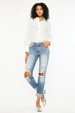 Kancan High Rise Distressed Boyfriend Fit Jeans - Just Believe Boutique