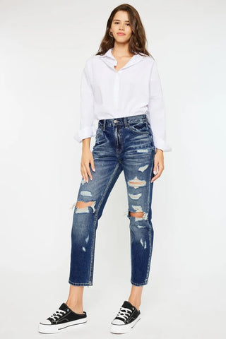 Kancan High Rise Distressed Mom Fit Jeans - Just Believe Boutique