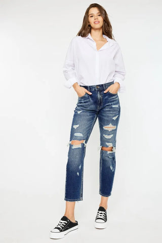 Kancan High Rise Distressed Mom Fit Jeans - Just Believe Boutique