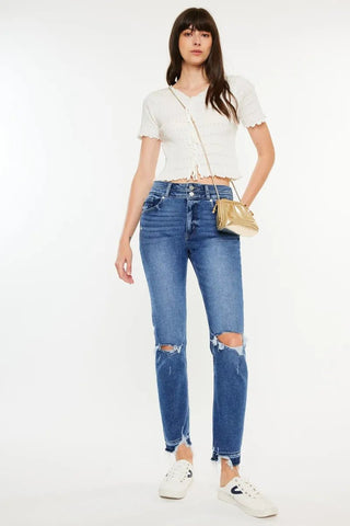 Kancan High Rise Distressed Slim Straight Jeans - Just Believe Boutique