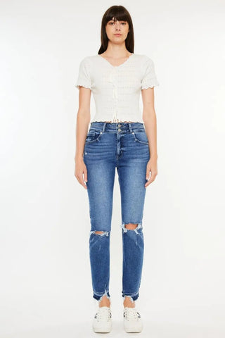 Kancan High Rise Distressed Slim Straight Jeans - Just Believe Boutique